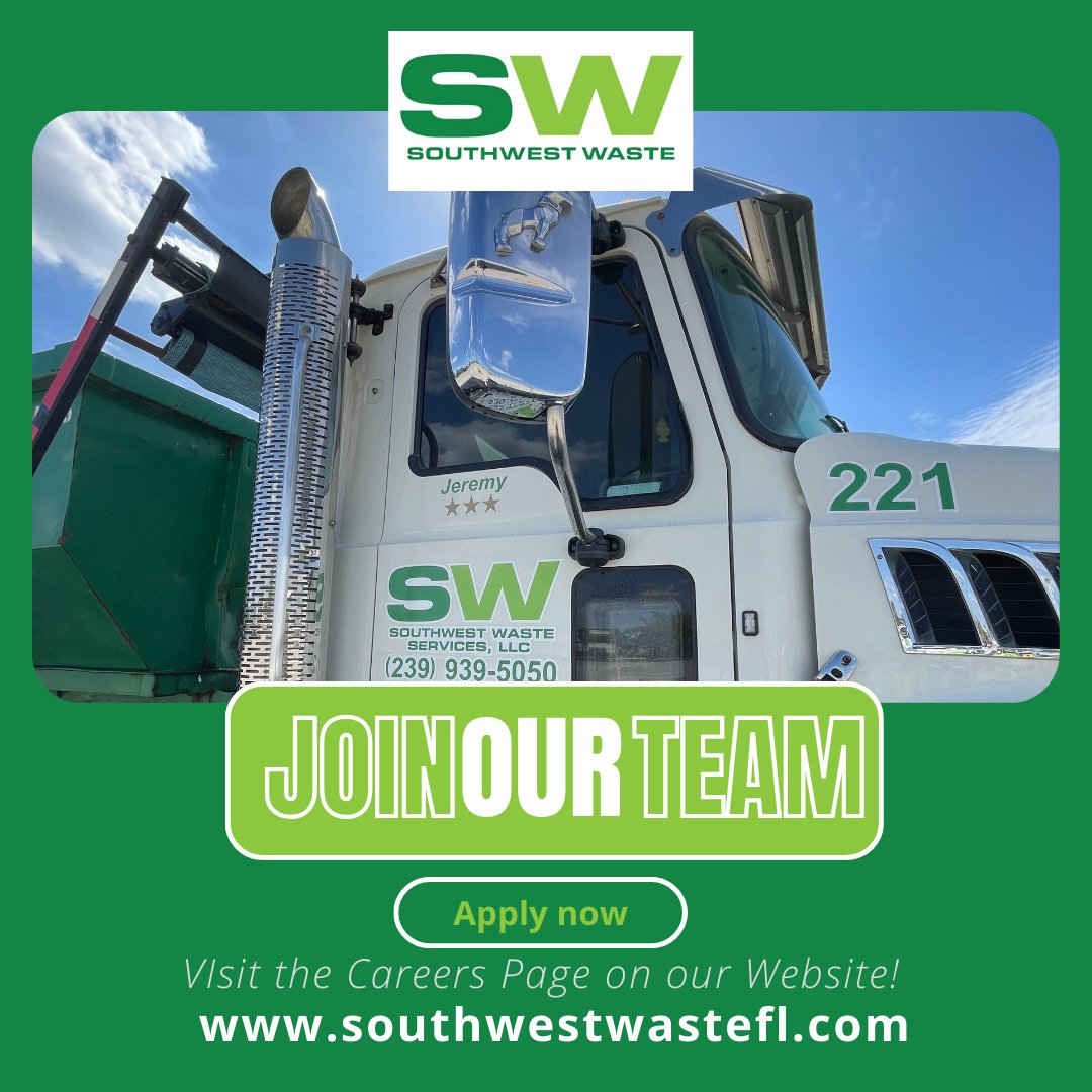 Want to join the Southwest Waste Family? 💚

Visit the careers tab on our website to learn more about how you can become a team member! 💪

#SouthwestWaste #SouthwestWasteServices #NowHiring #ApplyNow #Drivers #CustomerService #PortCharlotte #FtMyers #Naples #Sarasota