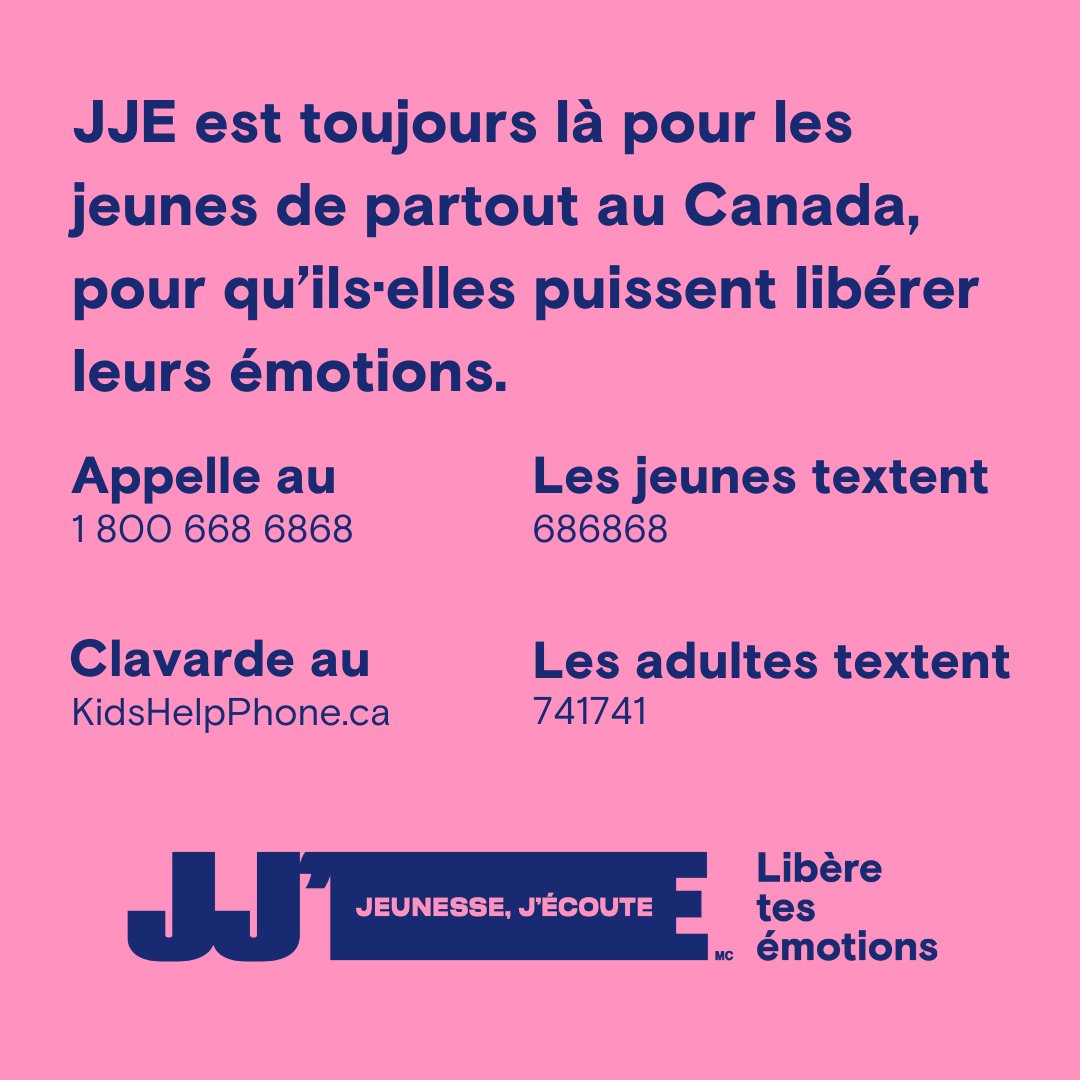 Pouvez-vous imaginer un Canada sans Jeunesse, J'écoute ?  

Nous ne le pouvons pas.

En tant que seul service de santé mentale en ligne multilingue, gratuit et accessible 24 heures sur 24, Jeunesse, J'écoute a aidé des millions de personnes à libérer leurs émotions.