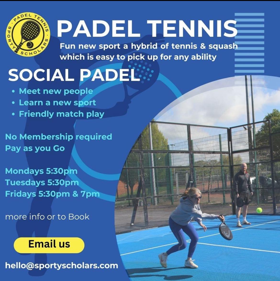 Fancy trying a new sport? 🏓 It's fun and easy for any ability to pick up! Join our Social Padel sessions and try a new sport! For more info or to book email us: hello@sportyscholars.com Balls and Racket Hire included in the price! sportyscholars.com/padel-tennis