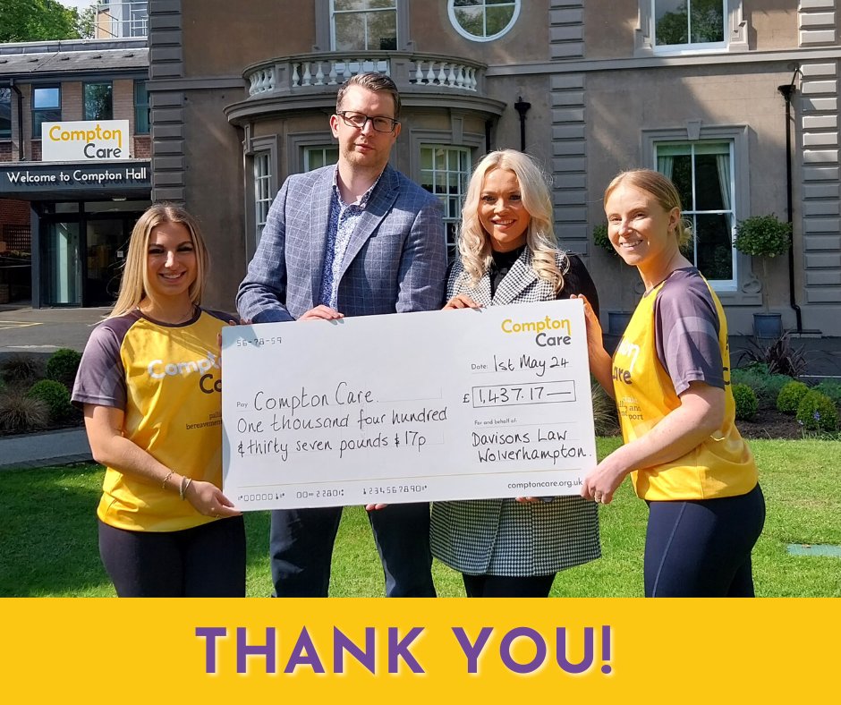 Thank you to our friends at @DavisonsLawyers in Wolverhampton for their recent support for Compton Care. The team came to Compton Hall and presented their donation of £1,437.17, which will go towards our services for patients and families 💛 #TeamCompton #ThankYouThursday #TQT