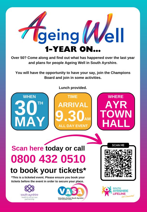 Over 50? Come along and find out more about the Ageing Well movement in South Ayrshire. Where are we one year in and what is coming up next. 💜 Please note this is a ticketed event, please phone 0800 432 0510 or visit: ow.ly/LWks50RvLUW