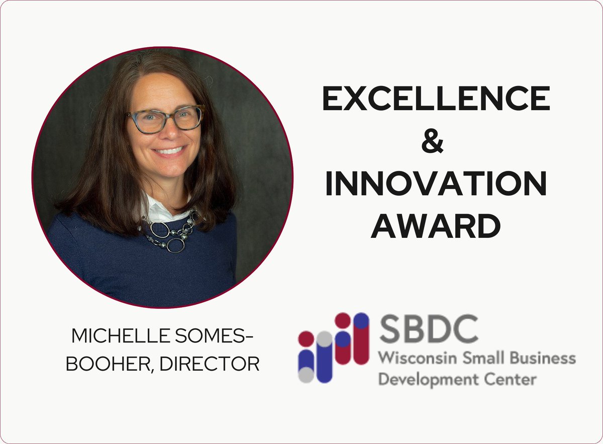 .@Wisconsin SBDC has been named the 2024 SBA Great Lakes Region SBDC Excellence and Innovation Award winner. Led by Director Michelle Somes-Booher, her team helps hundreds of startups and supports them as they grow and transition. ow.ly/8Uzf50RyS8q #UWMadison