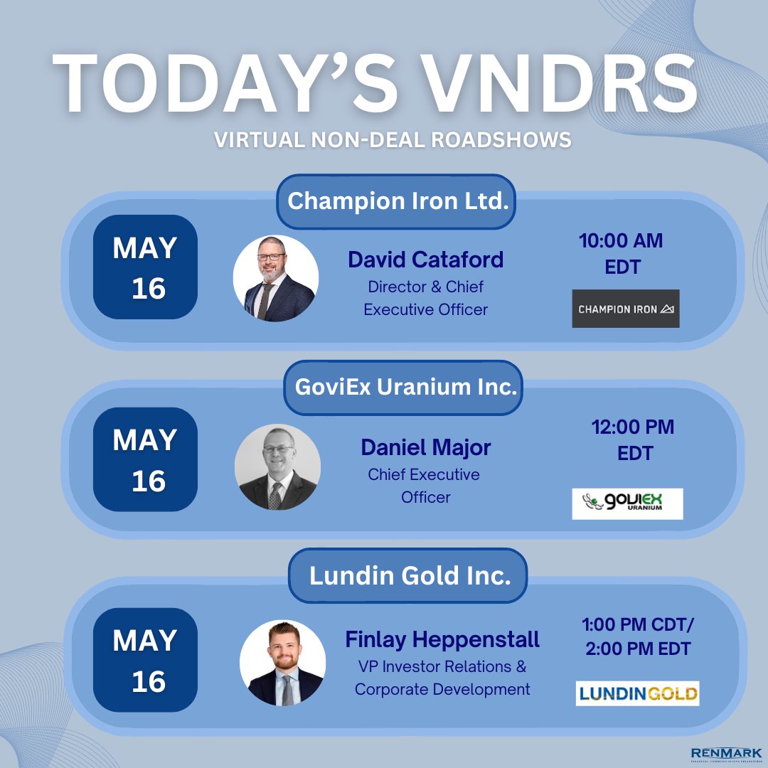 Be in the virtual audience as we host three engaging virtual presentations for @ChampionIron, @GoviExUranium, and @LundinGold #RenmarkVNDRs Registration: CIA: ow.ly/ouxx50RzuN2 GXU: ow.ly/7i0S50RzuMW LUG: ow.ly/TusW50RzuN1