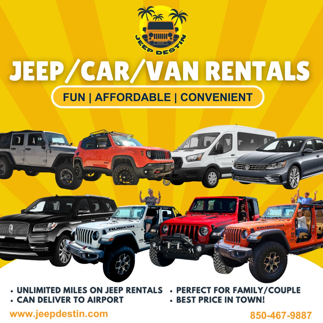 Gear up for an unforgettable journey in Destin-Pensacola! Our top-notch rentals promise excitement and comfort all in one. Book now and let the adventure begin! 🚗💨

#jeepdestin #jeeprentals #carrentals #jeeplife #destin #crabisland #jeepFL #destinFL