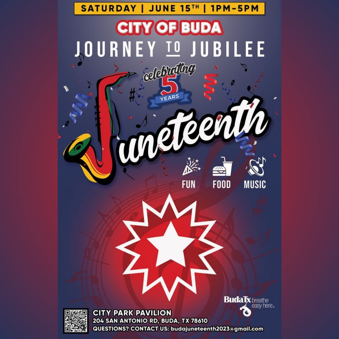 The Buda Juneteenth Jubilee is scheduled for Saturday, June 15 at the Buda City Park Pavilion.

Mark your calendar for this family-friendly event with music, food, dancing, and history!

Facebook Event Page: fb.me/e/4ZJ9d3XfQ

#BudaTX #BudaFun #Juneteenth