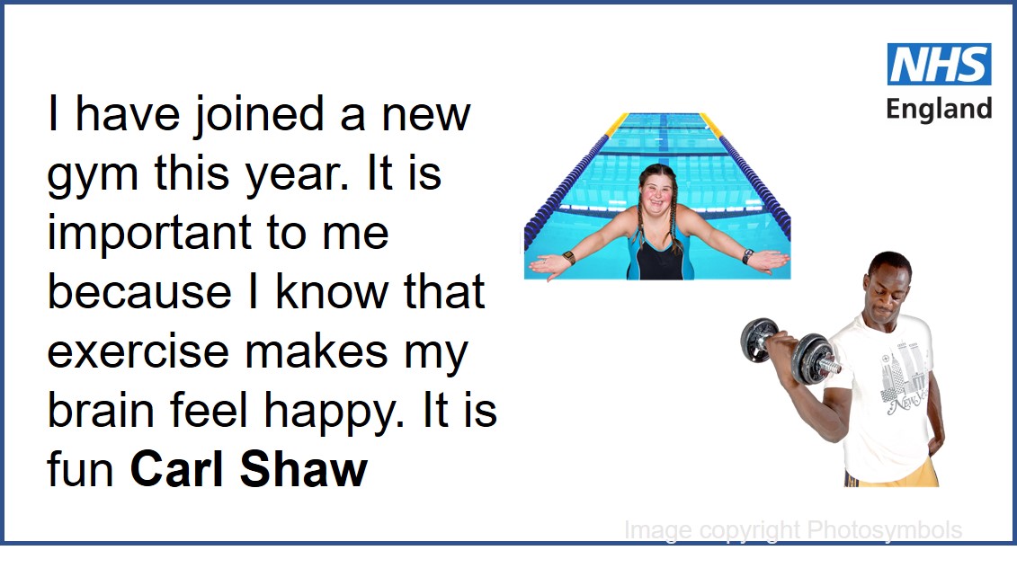 NHSAbility's tweet image. &quot;Going to the gym is important to me because I know that exercise releases endorphins which makes our brain feel happy.&quot; Carl Shaw @NHSEngland 

Have a look at this #EasyRead document telling you about exercise mencap.org.uk/sites/default/… 

#ToHelpMyAnxiety #LearningDisability