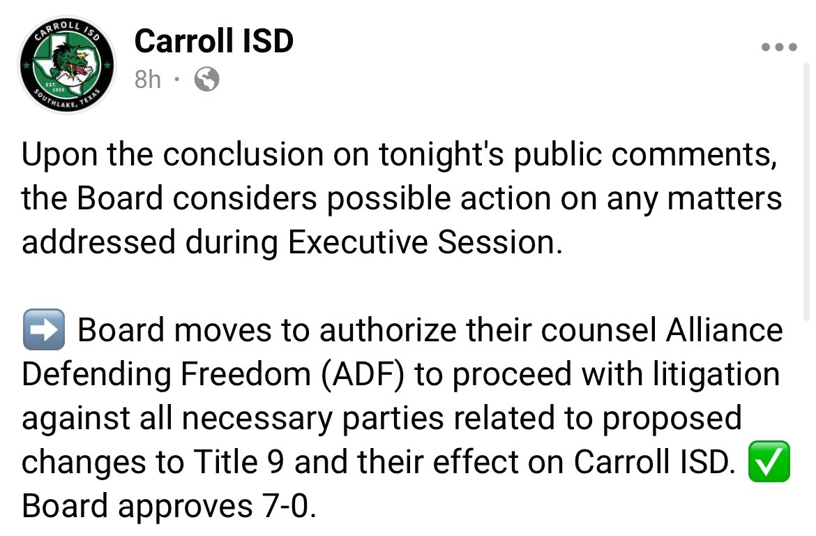 The Carroll school board in Southlake, Texas — the district at the center of my new book, “They Came for the Schools” — voted last night to authorize the Alliance Defending Freedom to sue on its behalf to stop the Biden Administration from extending federal civil rights