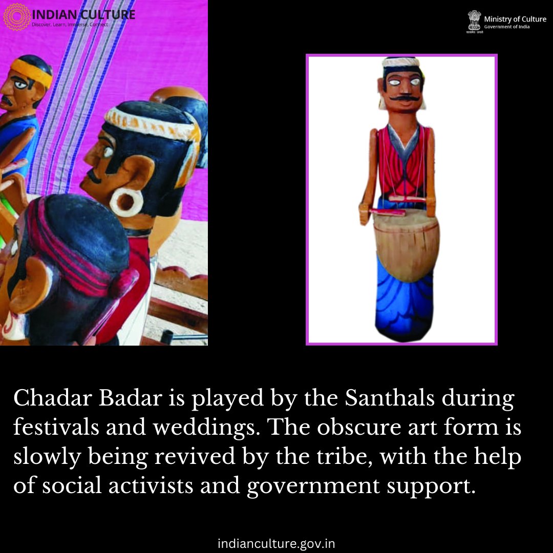 Puppetry has always been associated with folk culture and has played an important role in folk education. Discover more on the Intangible Cultural Heritage category on indianculture.gov.in #chadarbadar #santhal #puppetry #indigenouspuppetry #folkart #folkeducation #culture