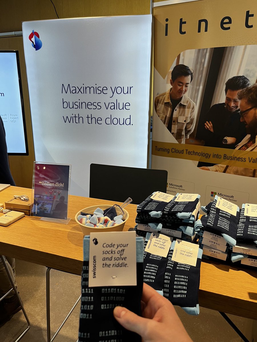 Swisscom_Dev's tweet image. Get your socks at our booth at #AzureBootcamp and solve the riddle. Furthermore our experts onsite are happy to talk with you about breaching the cloud and other #Azure topics.
@Swisscom_B2B @itnetx_CH #MicrosoftExperts #cloud #riddle
ย @AzureBern