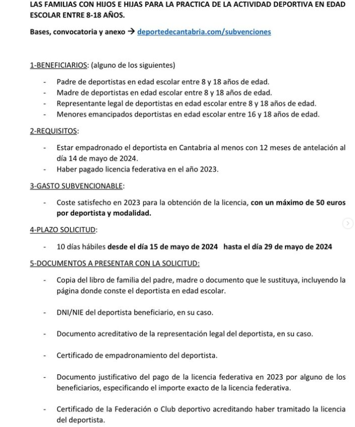 #beca para familias con hijos e hijas para la práctica de la #actividad #deportiva. Plazo de solicitud hasta el 29 de mayo 2024 Más información deportedecantabria.com/subvenciones