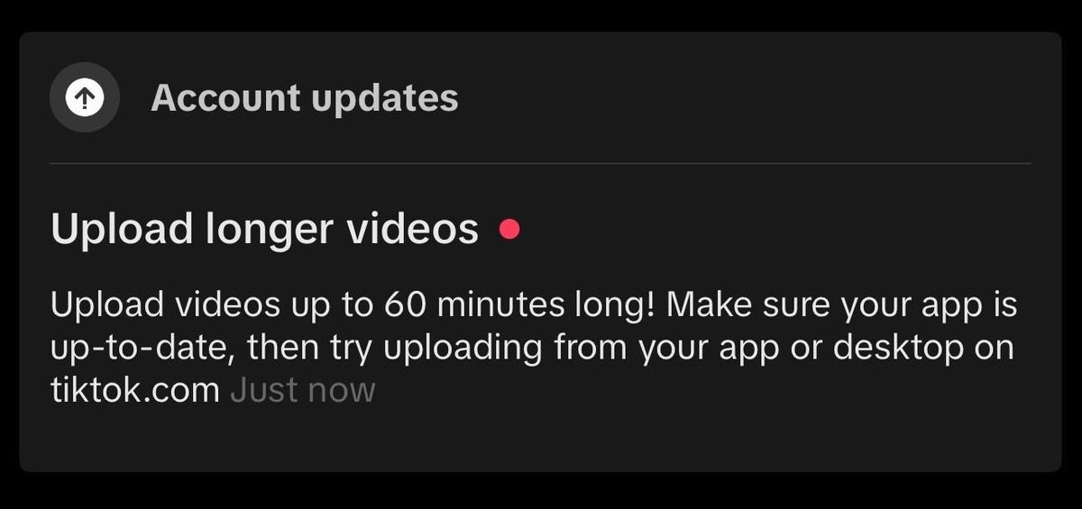 TikTok rolls out the ability to post longer videos of up to 60 minutes! That's 1 hour. Just in April, did they announce the ability to post 30-minute-long videos? Is there a demand for longer videos on the app? How will they compete with YouTube? Image: Matt Navarra #TikTok
