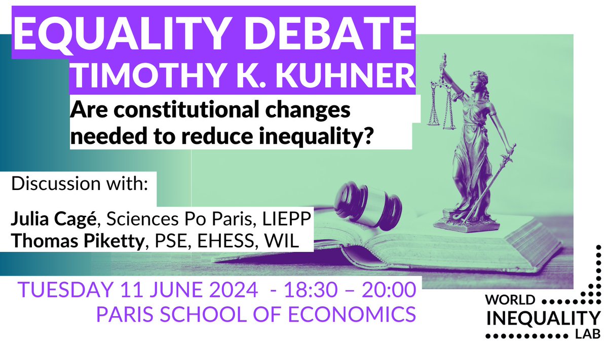 World Inequality Lab | WID.world (@wil_inequality) on Twitter photo Join our #EqualityDebate featuring:
👉 <a href="/TimKuhner/">Timothy Kuhner</a>, author of *Tyranny of Greed*, *Capitalism v. Democracy*
👉 In discussion with <a href="/CageJulia/">Julia Cage</a> & <a href="/PikettyWIL/">Thomas Piketty</a>
🗓️ Tuesday, June 11, 18:30-20:00
📍 PSE, Paris 14e
Don’t miss out—register now!
⏩ inequalitylab.world/en/event/are-c… Join our #EqualityDebate featuring:
👉 <a href="/TimKuhner/">Timothy Kuhner</a>, author of *Tyranny of Greed*, *Capitalism v. Democracy*
👉 In discussion with <a href="/CageJulia/">Julia Cage</a> & <a href="/PikettyWIL/">Thomas Piketty</a>
🗓️ Tuesday, June 11, 18:30-20:00
📍 PSE, Paris 14e
Don’t miss out—register now!
⏩ inequalitylab.world/en/event/are-c…