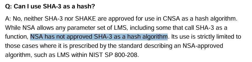 The NSA didn't approve the SHA-3 (!= keccak256, which doesn't follow the FIPS-202-based standard) hash algorithm: media.defense.gov/2022/Sep/07/20…. This means that it probably has no backdoor😉.