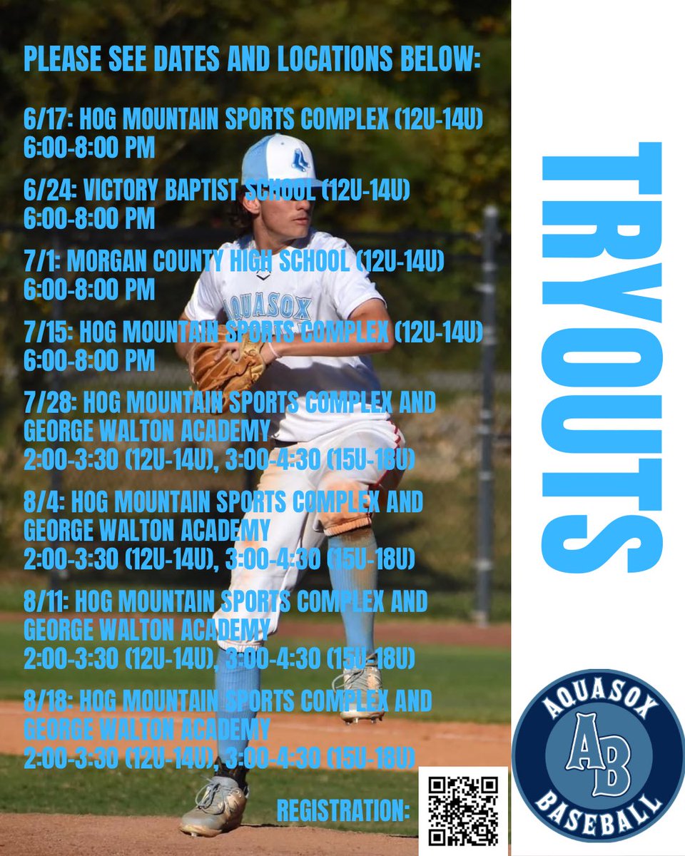 aquasoxbsb's tweet image. We are excited to announce tryout dates, times, and locations for our 2024-2025 seasons! Please see the flyer for information and scan the QR for registration.
