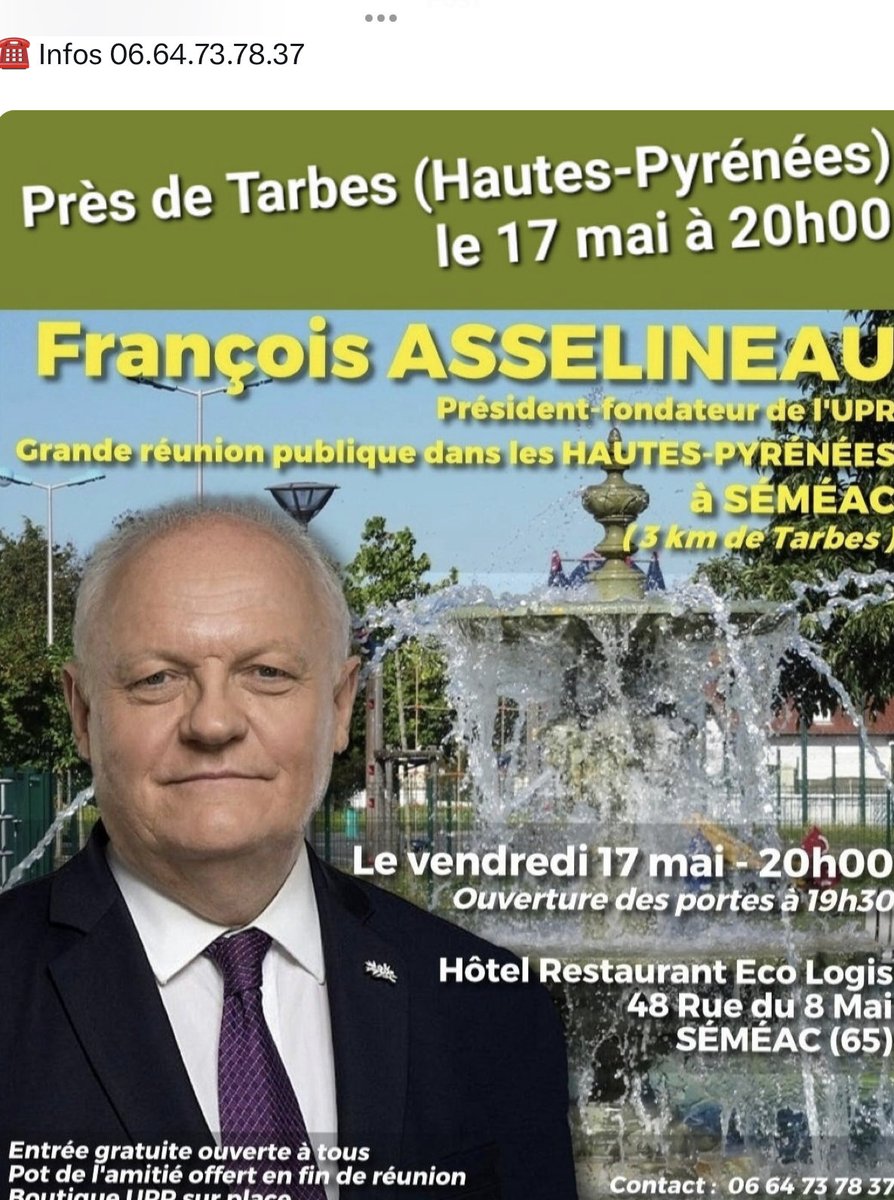 Avant la #Dordogne ⁦@f_asselineau⁩ sera en #reunionpublique près de #Tarbes à #Semeac dans les #HautesPyrenees . Pour choisir ensemble le bon chemin #BesoinDeFrance