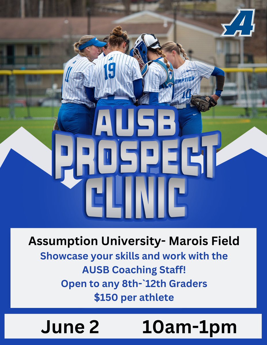 Its that time of year again!!! Come showcase your skills at the Assumption University Softball prospect camp. Click the link to sign up online, or email Coach Stacey to reserve your spot today! assumptionsoftballcamps.totalcamps.com/shop/EVENT Email: SL.mayer@assumption.edu