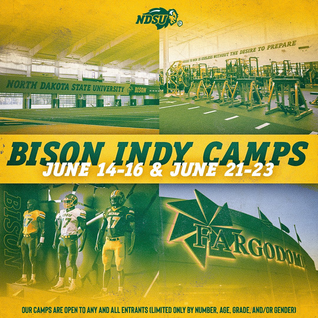NDSU Indy camp is filling up fast. It’s one of the true football camps available. Come get better at FOOTBALL. Register online at: ndsufootballcamps.com Let’s go!