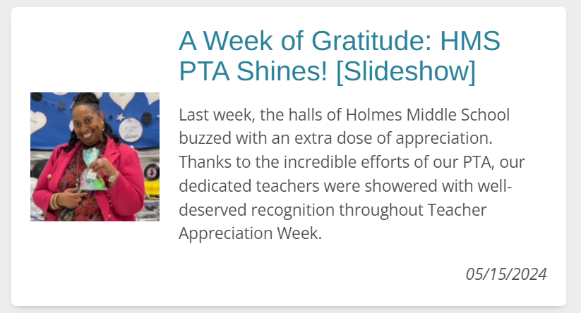 Holmes MS-FCPS (@holmesms_fcps) on Twitter photo Our educators are SO thankful to our wonderful PTA
and families who gave generously to educators during last week's Teacher Appreciation Week. Click here to read the full feature and see highlights from an incredible week holmesms.fcps.edu/week-gratitude…. <a href="/FCPSRegion6/">FCPS Region 6</a> <a href="/HolmesMspta/">HolmesMSPTA</a> #TAW Our educators are SO thankful to our wonderful PTA
and families who gave generously to educators during last week's Teacher Appreciation Week. Click here to read the full feature and see highlights from an incredible week holmesms.fcps.edu/week-gratitude…. <a href="/FCPSRegion6/">FCPS Region 6</a> <a href="/HolmesMspta/">HolmesMSPTA</a> #TAW