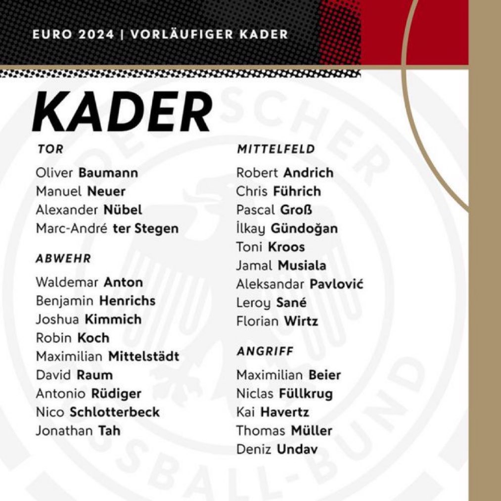 🚨 Official: Daftar pemain tim nasional Jerman untuk #EURO2024 musim panas mendatang! 🇩🇪 Antonio Rüdiger dan Toni Kroos akan bermain di EURO! 👏