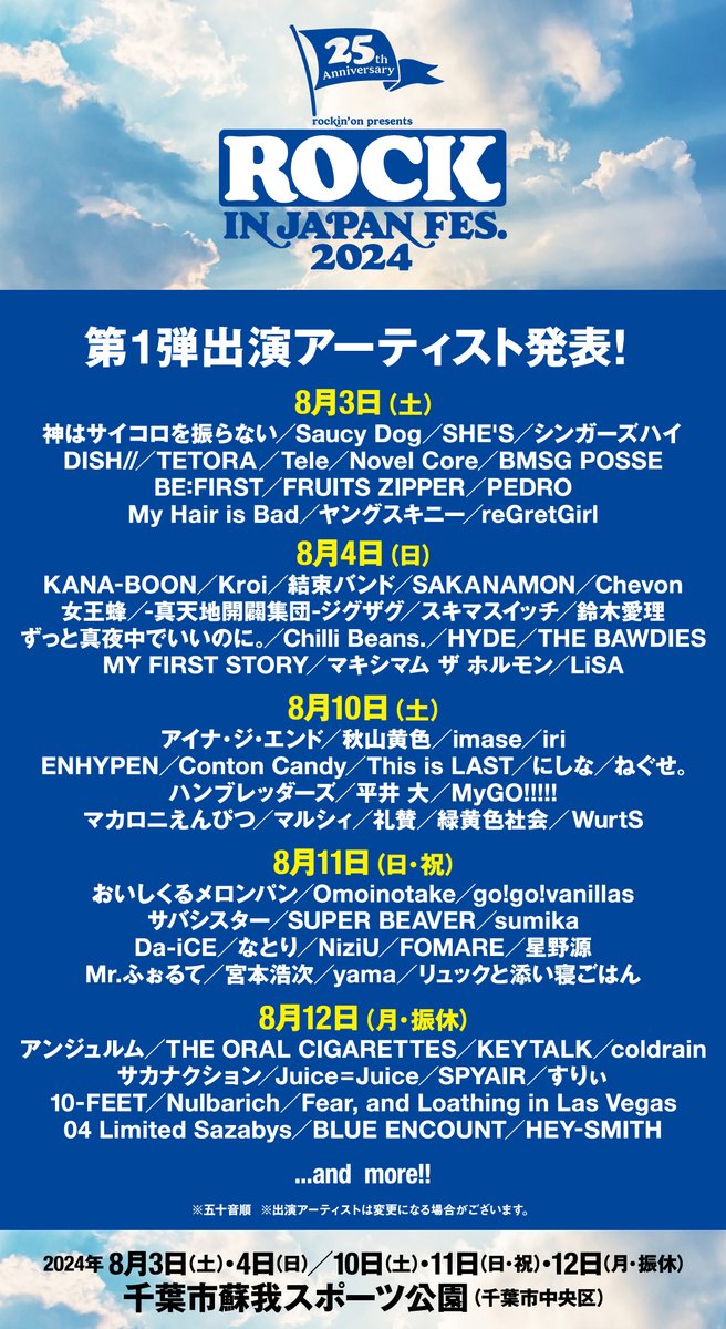 【ROCK IN JAPAN FES. 2024】 8月に5日間にわたって開催するROCK IN JAPAN FESTIVAL☀ 115組のうち77組のアーティストを発表しました!! チケットの第1次抽選先行の受付期間は5/21(火)16:00まで⏰ ▼チケットの詳細はこちら ewhx5.app.goo.gl/a8fKCajmAPCUh2… #RIJF2024 #蘇我 #ロッキン