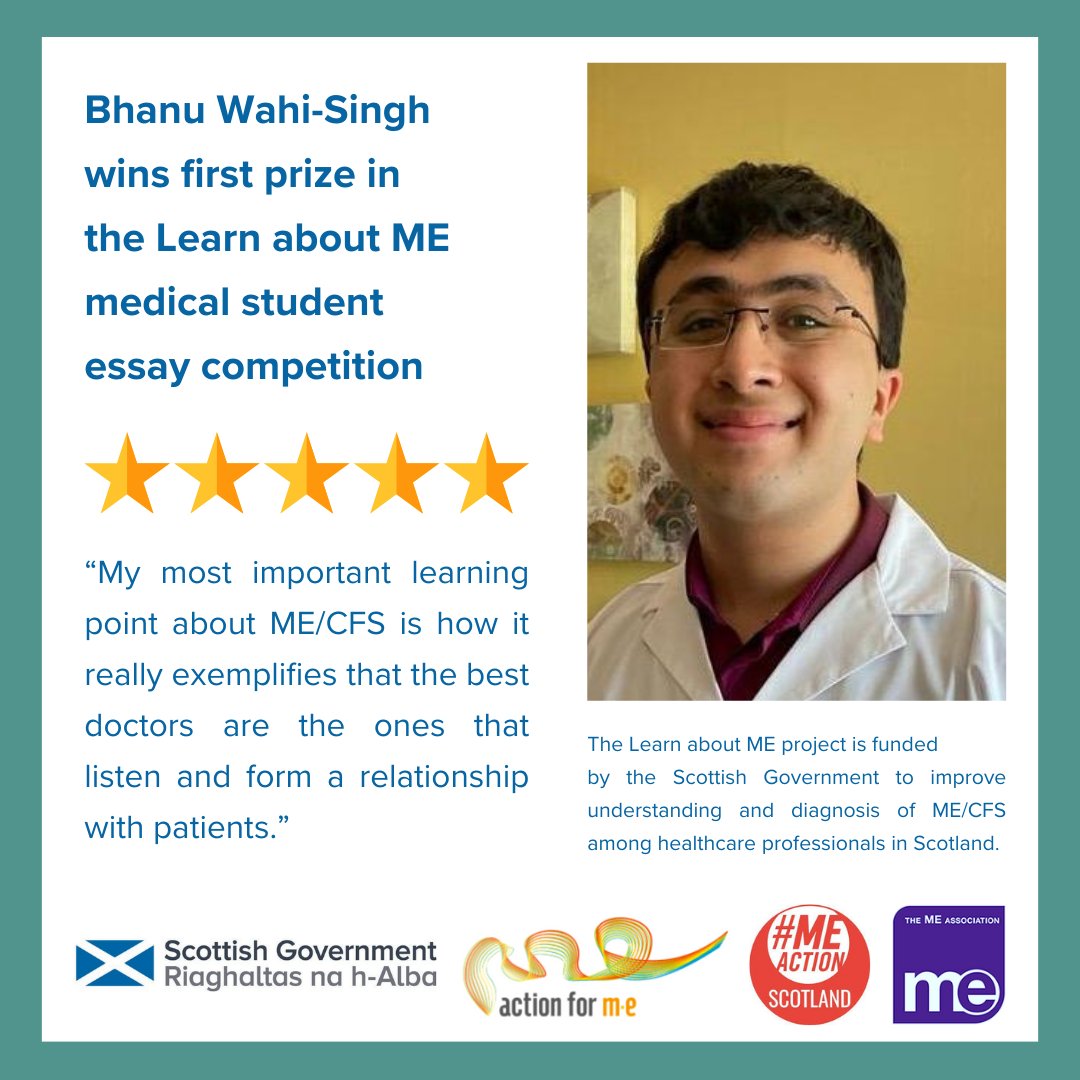 📢 Medical student ME/CFS essay competition winner announcement 📢 We’re delighted to announce Bhanu Wahi-Singh the first prize of £250! 🎉 Read more: ow.ly/Fisr50RHYK0 @meactionscot @MEAssociation Dr Nina Muirhead @scotgov #pwME #MECFS #MyalgicE #MedicalEssay
