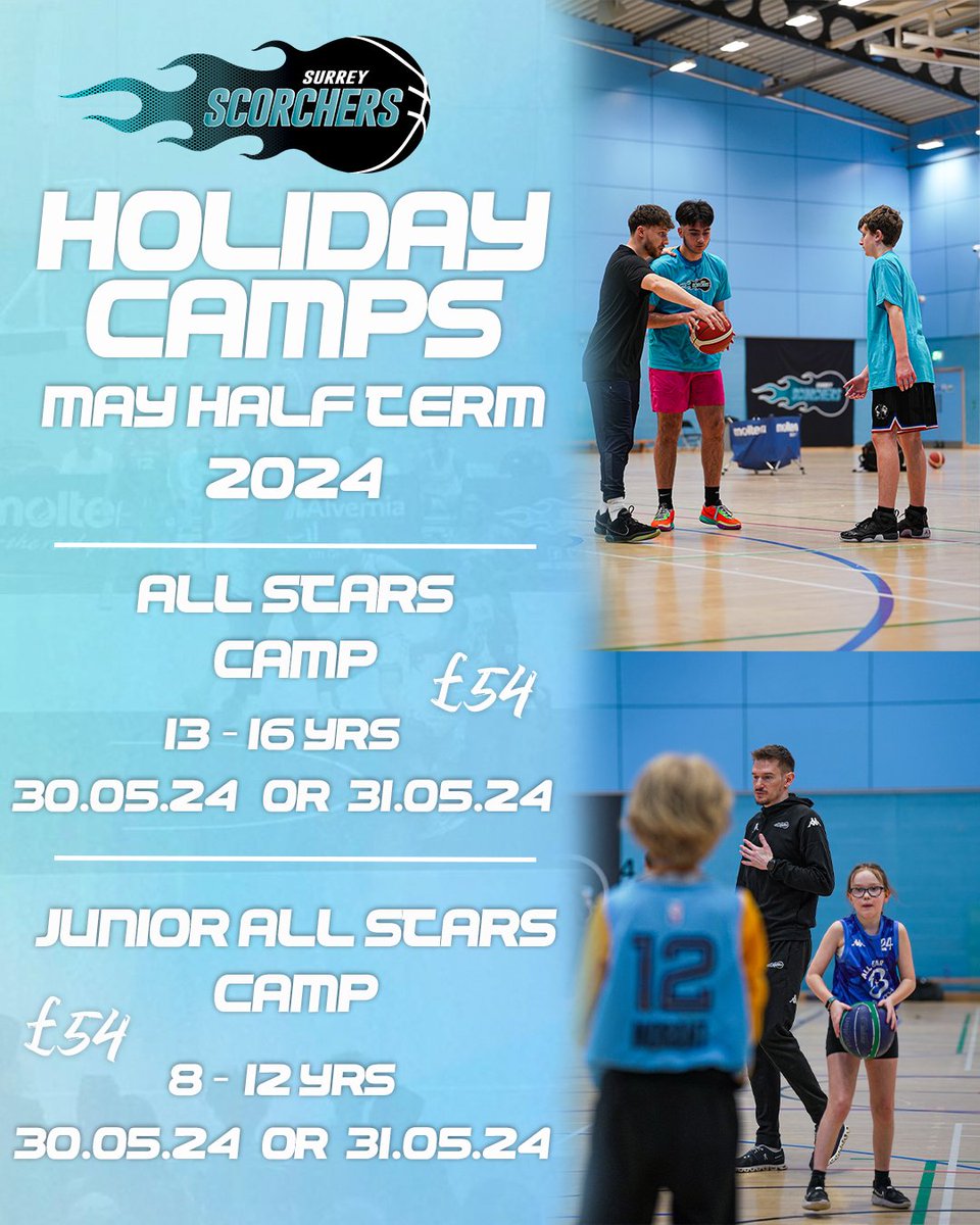 Scorchers May Half Term Camps 🏀

Limited spots are still available at our All Stars &amp; Junior All Stars camps this May half term!

Click the link to book your spot 
👉 bit.ly/3UIiMgO

#SurreyScorchers
