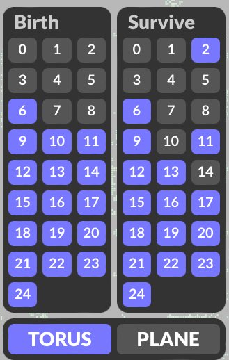 ichimonji_haji's tweet image. #CellularAutomaton
#セルオートマトン
B6,9-24/S2,6,9,11,12,13,15-24(ノイマン近傍R1のウェイトを3、それ以外の ムーアを2、ノイマンR2を1とする)
ビーム迸る安定ルール。スカイフェッシュっぽいので「ロッズ（Rods）」と名付けよう。