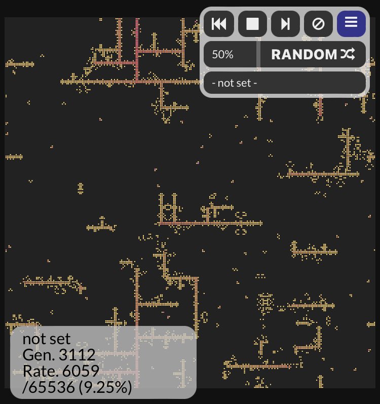 ichimonji_haji's tweet image. #CellularAutomaton
#セルオートマトン
B6,9-24/S2,6,9,11,12,13,15-24(ノイマン近傍R1のウェイトを3、それ以外の ムーアを2、ノイマンR2を1とする)
ビーム迸る安定ルール。スカイフェッシュっぽいので「ロッズ（Rods）」と名付けよう。