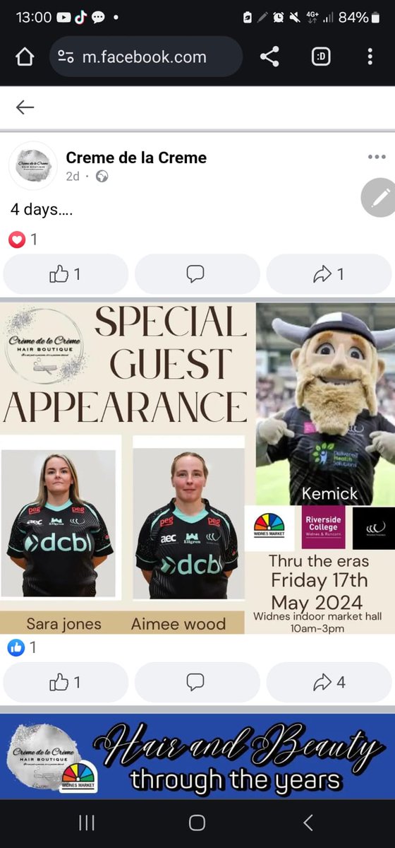 If you are out and about tomorrow I will be down at widnes market at Creme de la creme hair boutique from 12-1pm Some of the Widnes women's team will also be down throughout the day come say hello @WidnesRL #WidnesMarket #CremeDeLaCreme