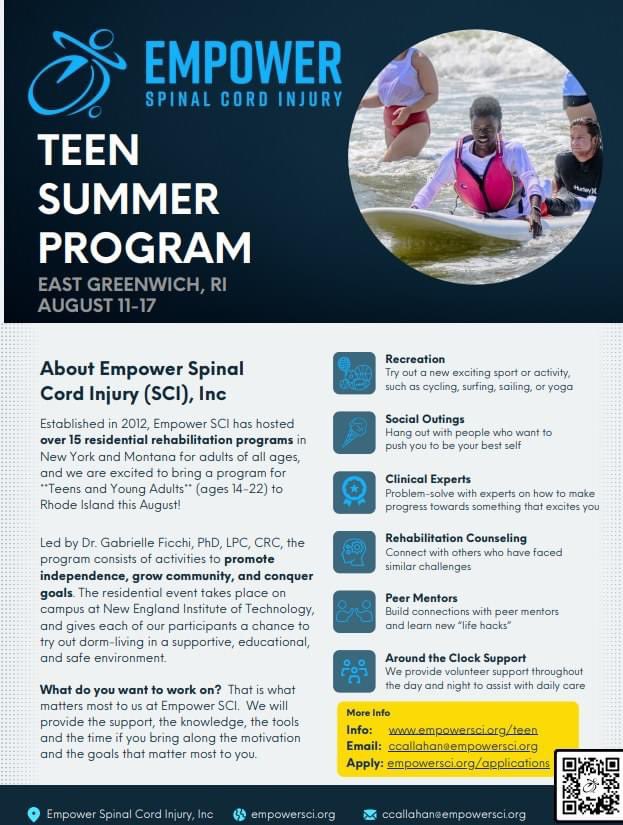 Attn teens & young adults w SCI, Spina Bifida, transverse myelitis or other Spinal Cord Disabilities, ages 14-22! @EmpowerSCI prgm! Location: East Greenwich, RI August 11-17, 2024 Apply now and/or share! Empowersci.org @SCI_MS @wearesrna @ReeveFoundation @SpauldingRehab
