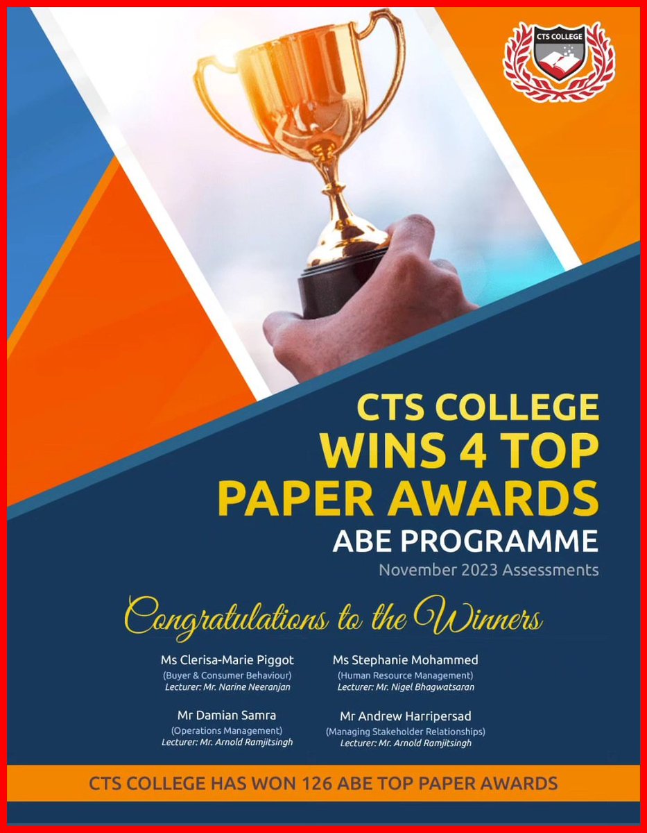 📮🚨CTS College News @ Noon🚨📮Celebrating Four [4] Top Paper 🏆 Winners. Be the next ABE Top Paper Award Winner with $7,000 from CTS College to HELP you TAP👉 mailchi.mp/ctscollege/abe… 📳431-6051📧abe@CTSCollege.com #CTSCollege #CollegeChat #868Education🇹🇹 #BusinessDegree #Trini