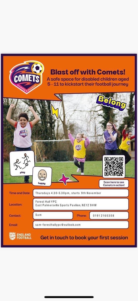 Join us today at our free fun football for all Comets session 4.30-5.30 🤩⚽️🤩⚽️pop along or get in touch for more info #justbeyou #letthemplay