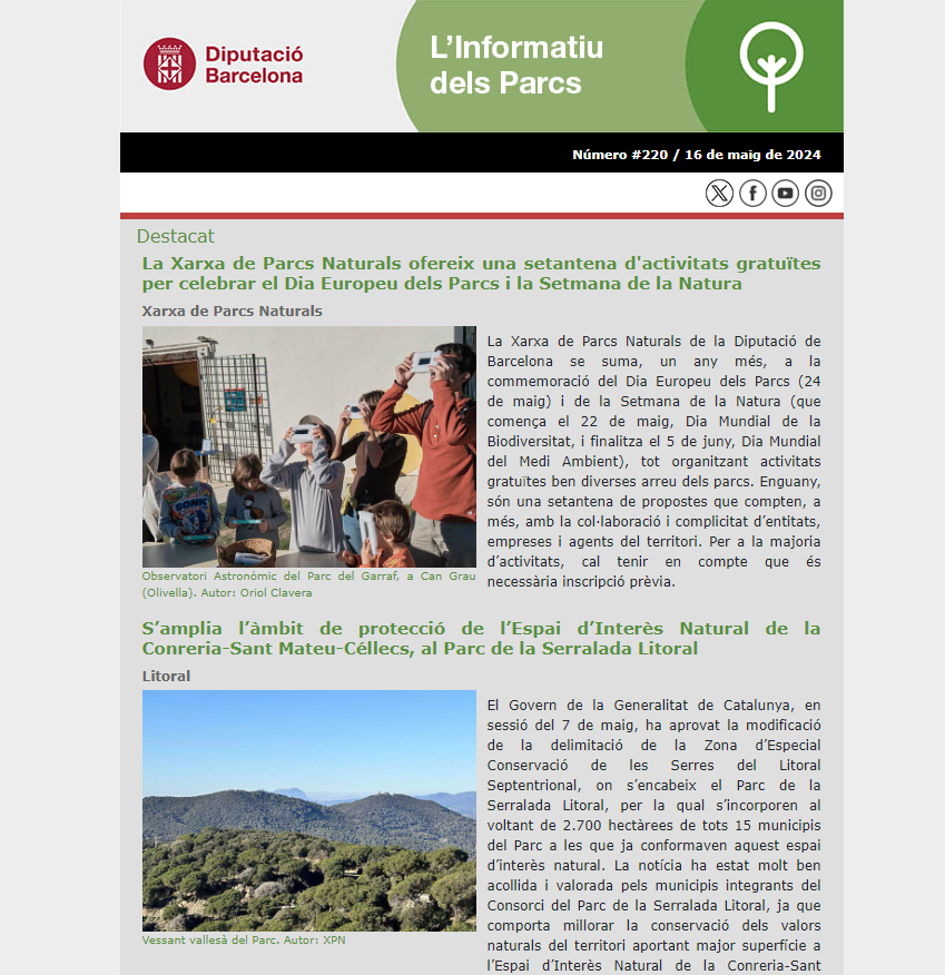 💚El #DiaEuropeudelsParcs i la @SetmanaNatura obren el butlletí de L’informatiu dels Parcs, on també pots consultar tota l’actualitat de la #XarxadeParcs Naturals. 🔎Fes-hi una ullada! ✅parcs.diba.cat/web/l-informat…