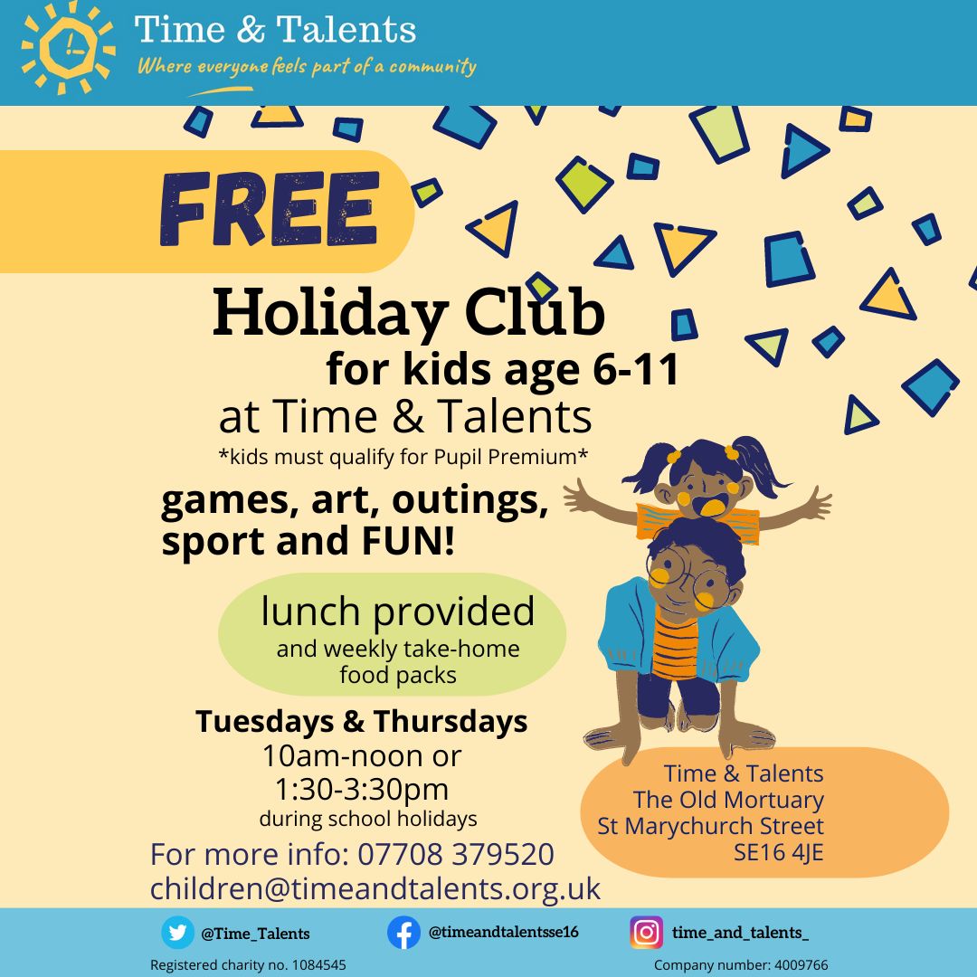 Still spaces available for T&T half-term holiday club! For children aged 6-11 years old who live in Southwark and receive benefit-related free school meals or are part of Pupil Premium. Send an email to register #se16 #kidsholidayclub