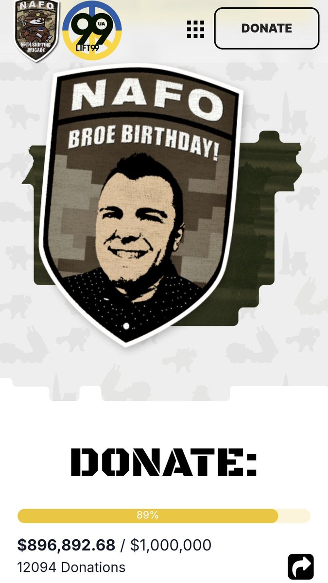 Amazing effort - the @RealJakeBroe birthday donation campaign with @69thSB is now at just under $900,000. A million dollars is in sight! That's a lot of trucks and drones for Ukraine. You too can donate. Every amount helps. help99.co/patches/jake-b…