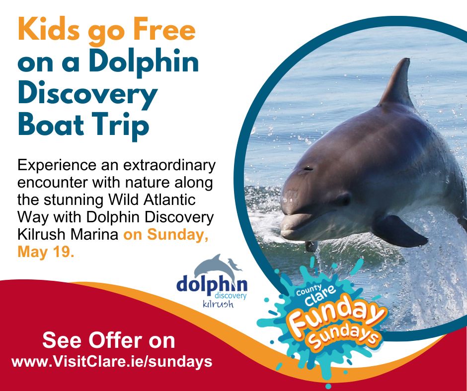 Kids go Free on a Dolphin Discovery Boat Trip from Kilrush Marina 💛💙 Experience an extraordinary encounter with nature along the Wild Atlantic Way with Dolphin Discovery. Their dolphin-watching tours are a wonderful adventure, For this offer & more visitclare.ie/Sundays/
