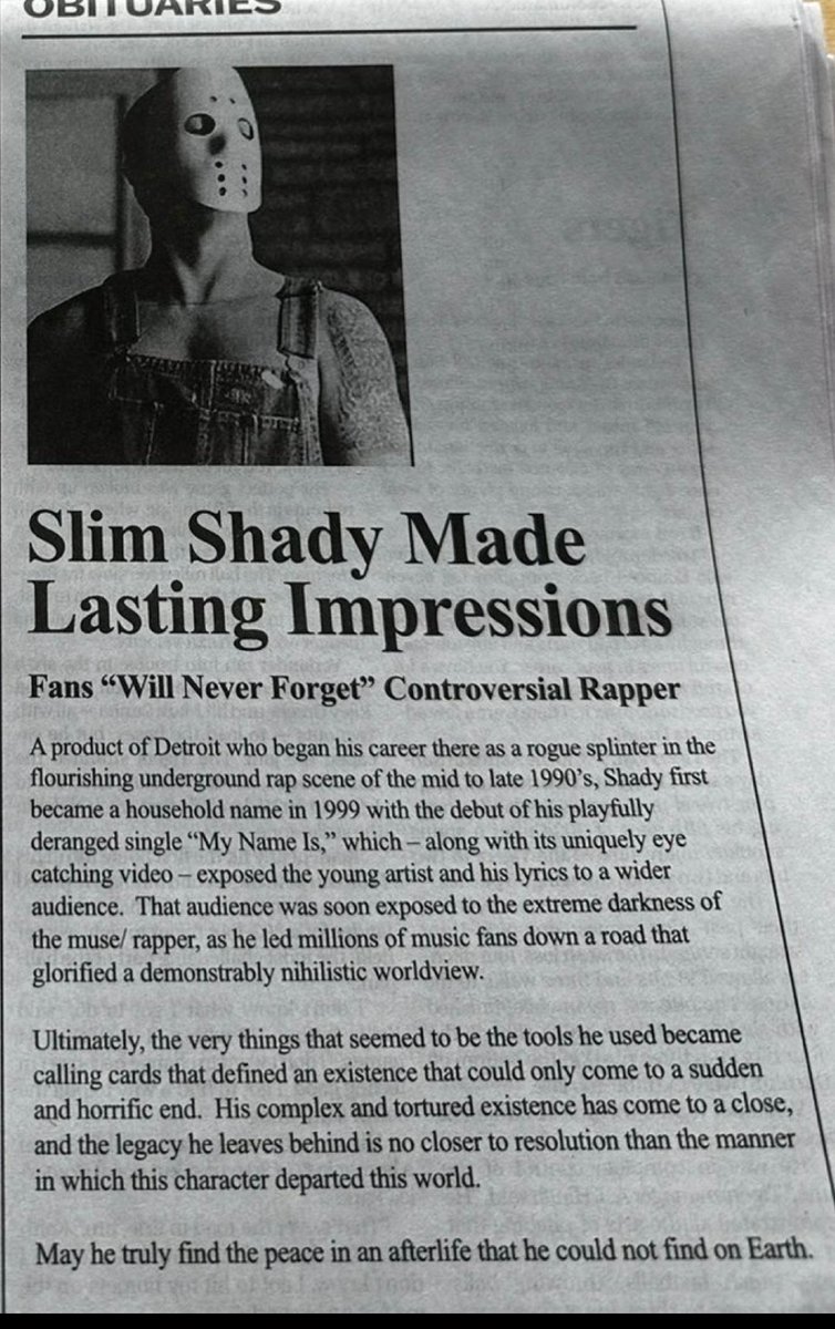 Eminem continues the rollout for his new album The Death Of Slim Shady (Coupe De Grâce) with a Slim Shady obituary published in the Detroit Free Press.