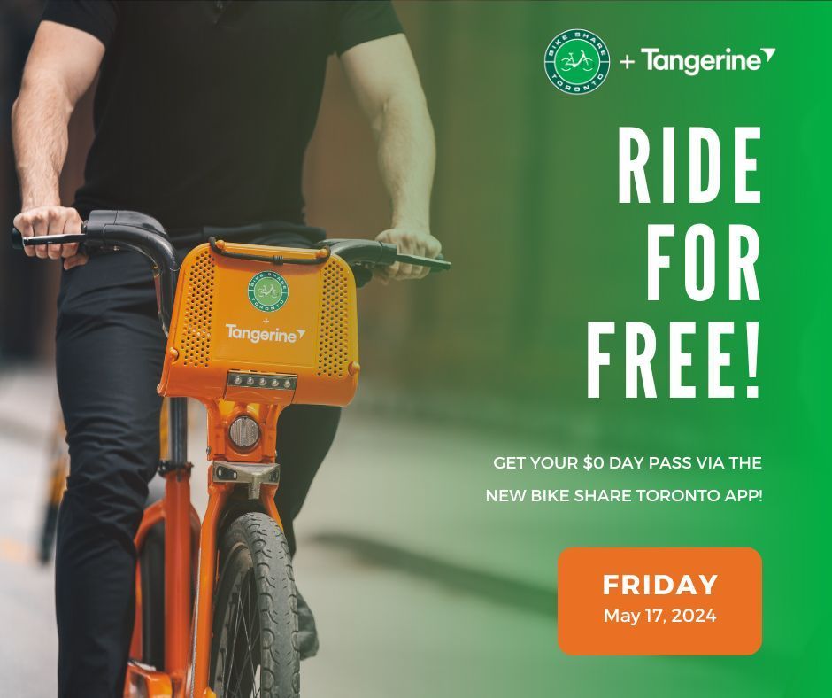 Ride for FREE Tomorrow! 🎉 🚲 Thanks to @TangerineBank, Torontonians can kick off the summer and long weekend with Free Ride Day on May 17th! 🙌 Purchase your $0 Day Pass on the new app and enjoy a day of free rides on us. Learn more 👉 buff.ly/4dD3mmD