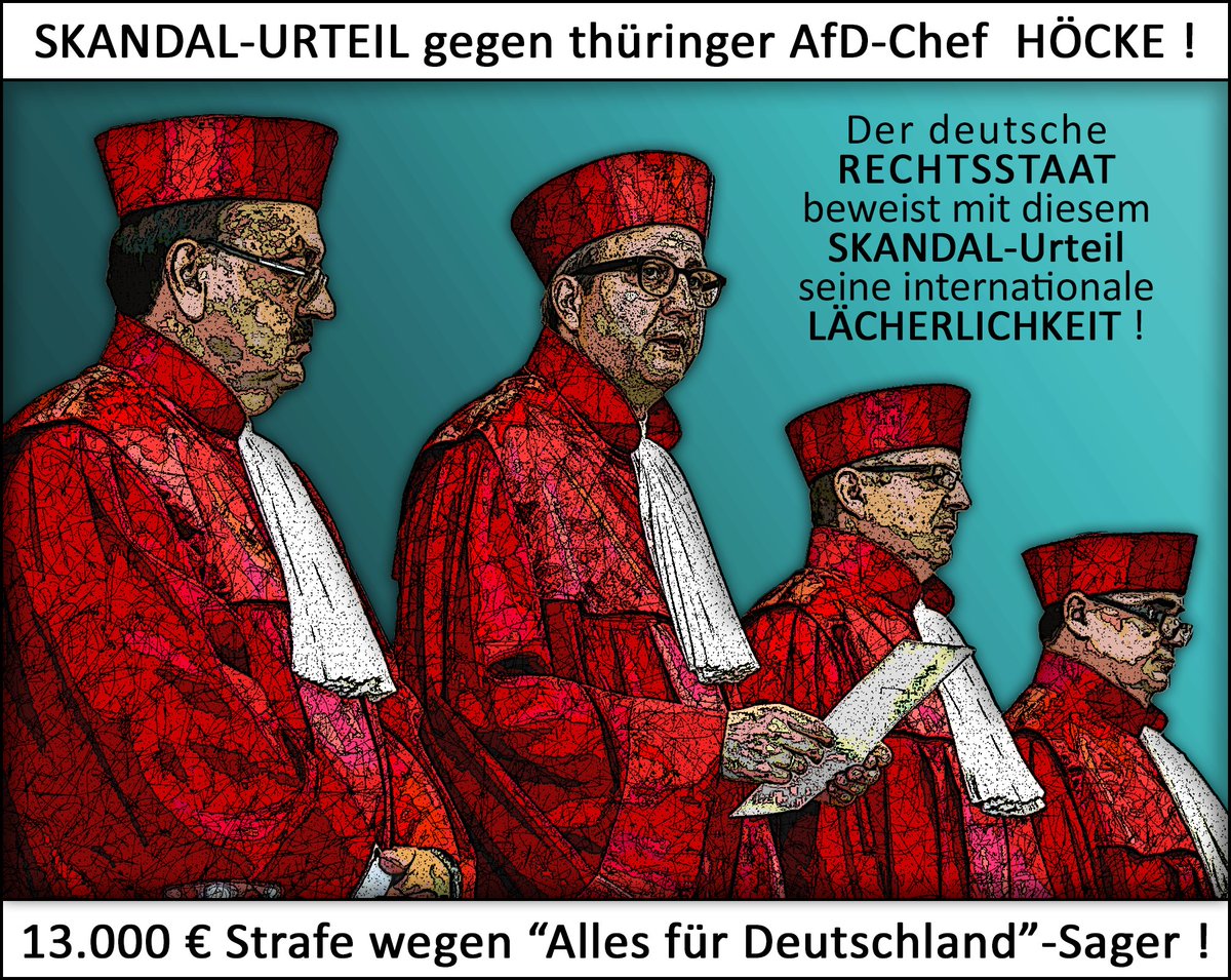 @niusde_ 👹 Deutschlands RECHTSSTAAT ist am ENDE - UNFASSBAR! 🤢
Das Landgericht Halle hat den Thüringer #AfD-Chef Björn #Höcke wegen des Verwendens einer angeblichen 'NAZI-Losung' zu einer Geldstrafe von 13.000 € verurteilt. Der Richter glaubt an eine vorsätzliche Tat!
SKANDAL!👹