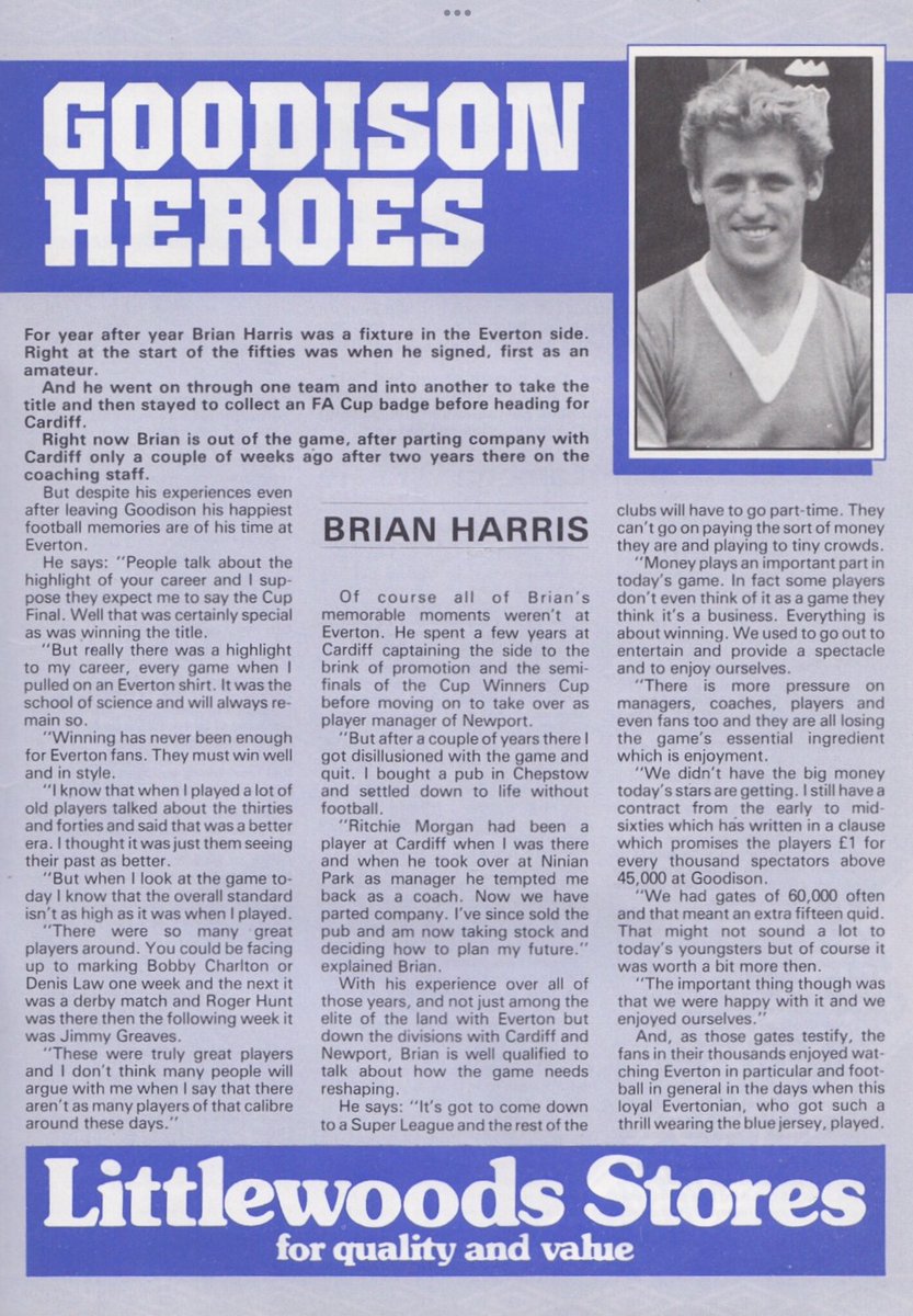 Born on this day in 1935: Brian Harris. A winger who was transformed into an excellent wing-half. The Birkenhead man had over a decade as a Toffeeman & was a league champion in 1963 & a cup winner in 1966. Later at @CardiffCityFC & @NewportCounty (photo taken at the latter).
