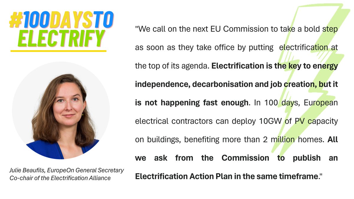 🔌Get plugged in our new #100DaysToElectrify campaign! ⚡️Hear what our co-chair, @EuropeOn_EU General Secretary Julie Beaufils has to say about it: @WindEurope @RenewablesGrid @ThinkCopperEU @helloheatpumps @SolarPowerEU @AVERE_EU @Eurelectric @smartEnEU