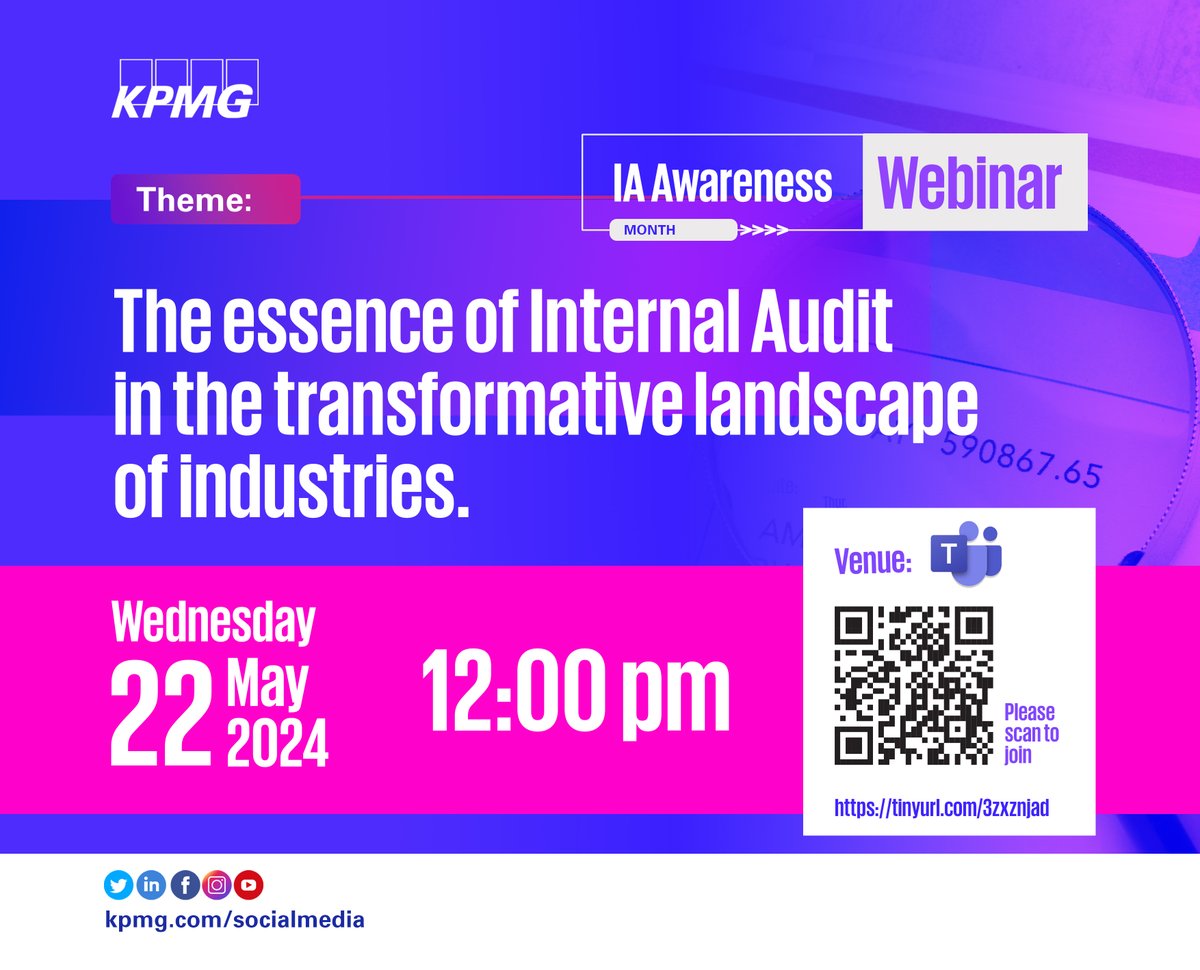 Join KPMG's webinar on 'The Essence of Internal Audit in Industry Transformations' for IA Awareness Month. Discover strategic audit insights!

📅 Date: 22 May 2024
⏰ Time: 11:00 GMT
🌐 Online: tinyurl.com/3zxznjad

#KPMG #Webinar #InternalAudit #ProfessionalDevelopment