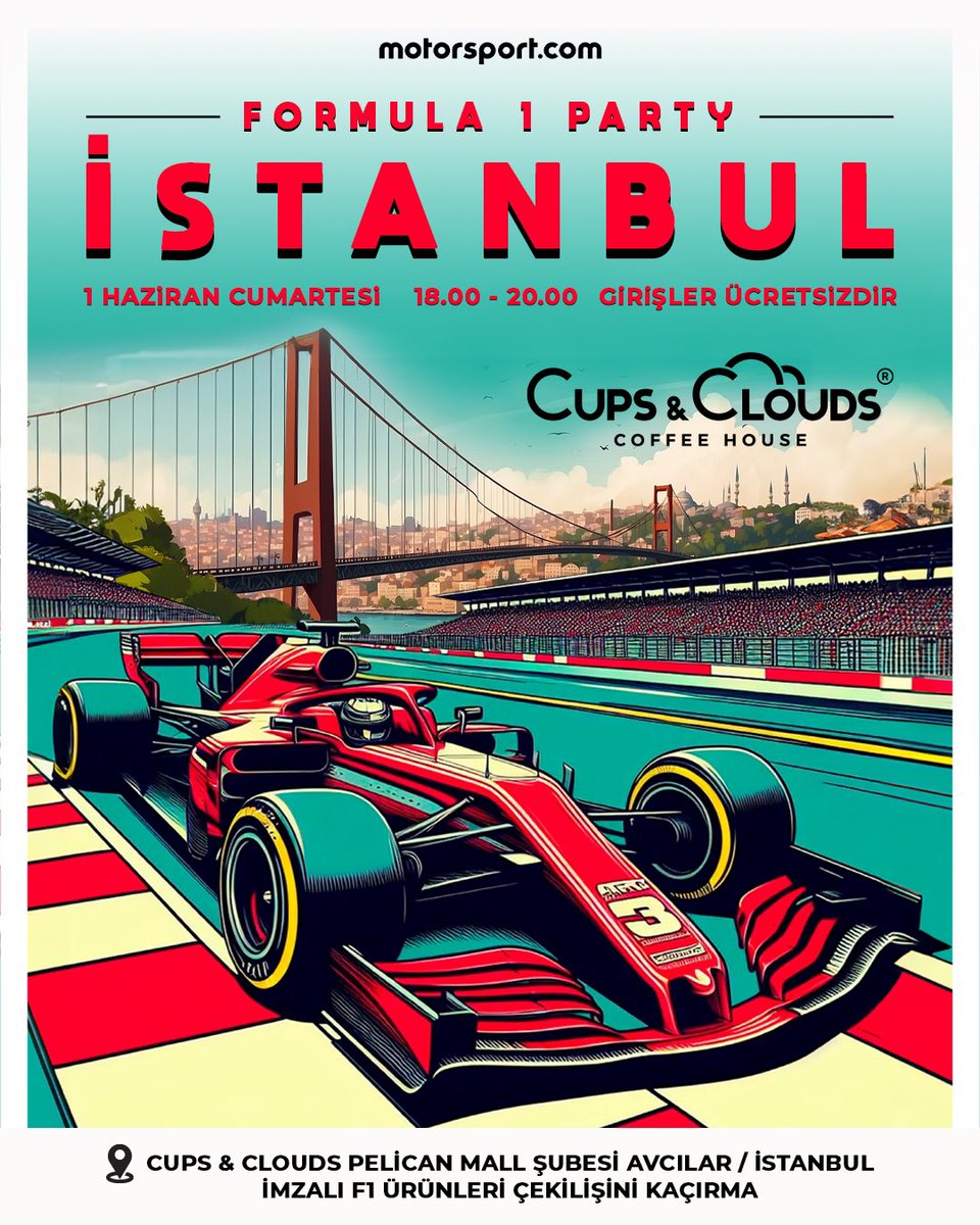 😎 F1 TR İSTANBUL'DA BULUŞUYOR! ❓ Eğer 1 Haziran Cumartesi günü İstanbul'daysan bu buluşmayı sakın kaçırma. Peki bu buluşmamızda neler mi var? ✅ Cups & Clouds lezzetleri ✅ Bol F1 muhabbeti ve F1 TR dedikodusu ✅ İmzalı F1 ürünleri çekilişi ✅ F1 23 turnuvası 🕣 Buluşma