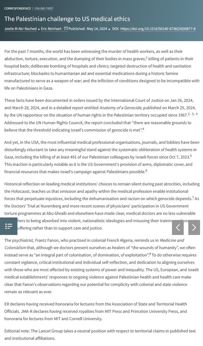 Published 2 days ago in @TheLancet: '.. in the USA, the most influential medical professional organisations, journals, and lobbies have been disturbingly reluctant to take any meaningful stand against the systematic obliteration of health systems in Gaza, including the killing