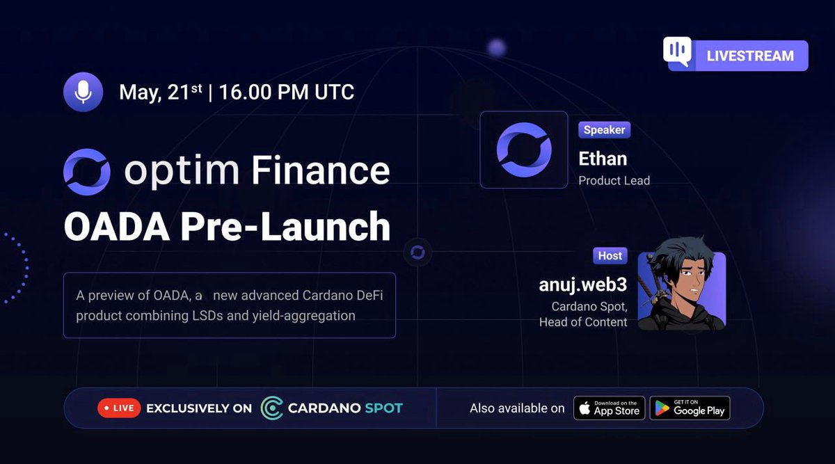 🎙️ New livestream🎙️

Join us on May 21st for another engaging session, as we chat with Ethan from @OptimFi! Get a sneak peek of #OADA, the new advanced Cardano DeFi product combining LSDs and yield-aggregation.

🔗Link: cardanospot.io/ls/optimfinance
📅 May 21st, 4.00 PM UTC