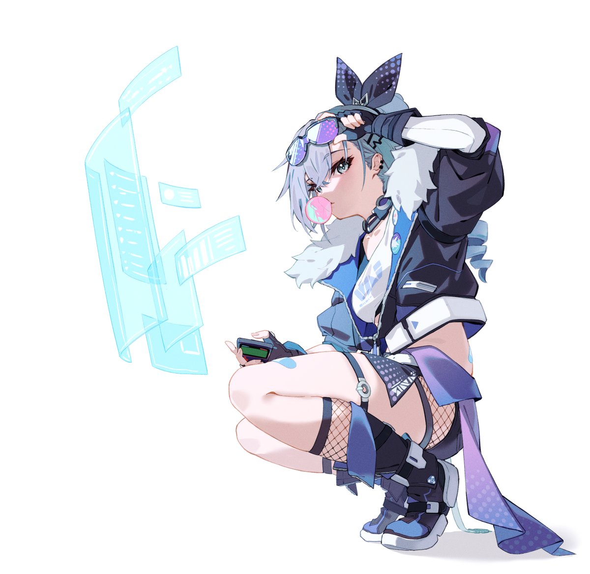 silver wolf (honkai: star rail) 1girl solo long hair looking at viewer simple background shirt white background  illustration images