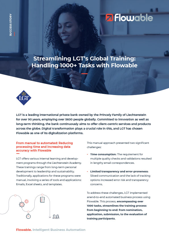 LGT Private Banking leverages Flowable to streamline its global training process. With over 1000 tasks seamlessly orchestrated, the once-manual journey from nomination to evaluation now unfolds effortlessly. Read the #successstory here: go.flowable.com/tw/lgt/automat…