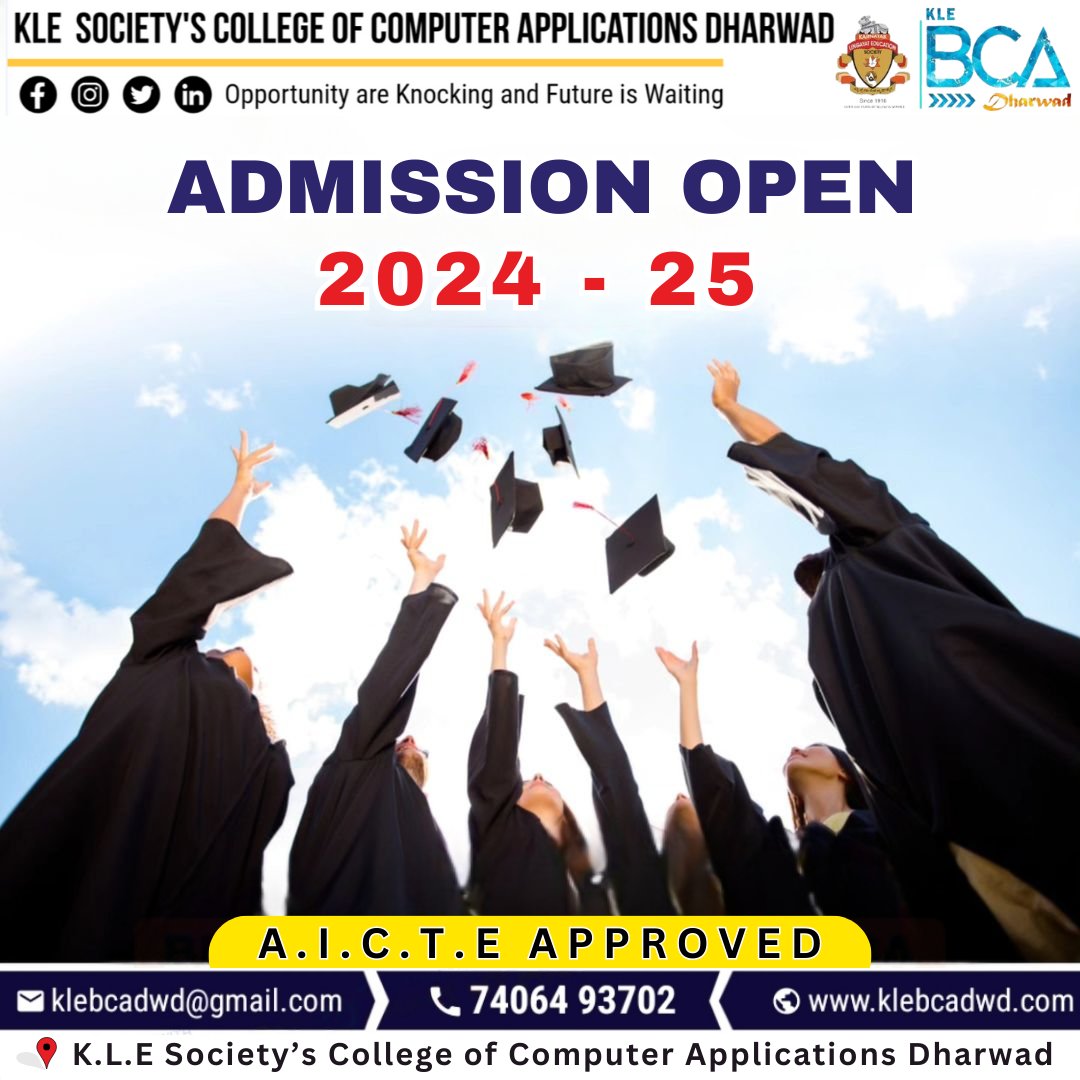 Elevate your career prospects with KLE BCA Dharwad.
Admission now open for 2024-25. 🚀 
#KLEBCADharwad
#AdmissionsOpen
#BCAAdmissions
#TechnologyEducation 
#FutureReady 
#InnovateWithKLE 
#EmpowermentThroughEducation 
#DreamBig 
#CareerGoals 
#SuccessStories 
#BrightFuture