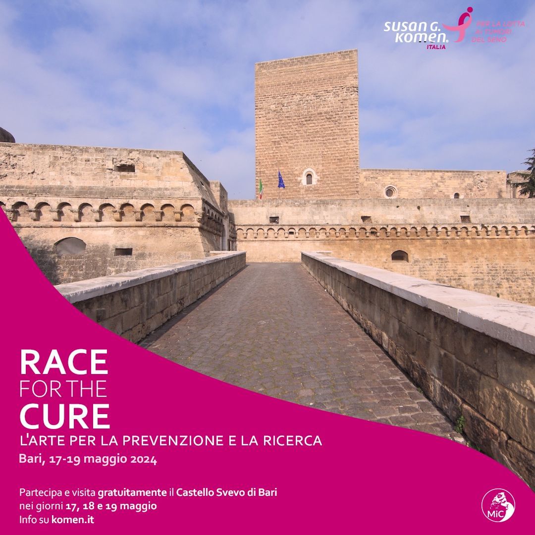 🏃‍♀️🏃‍♂️ Dal 17 al 19 maggio 2024, torna a Bari #RaceForTheCure, l'iniziativa per la lotta ai tumori del seno organizzata da @komenitalia. Nei giorni della manifestazione  l'accesso al Castello Svevo di Bari sarà gratuito esibendo la ricevuta di iscrizione o la maglia della Race.