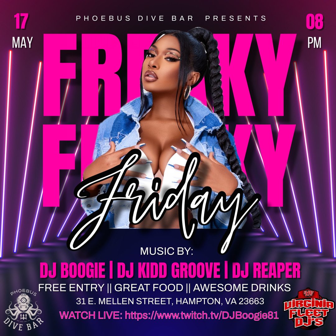 DJBOOGIE81's tweet image. Every Friday, we are partying at the best bar in the city. Don&apos;t miss out, watch live at twitch.tv/DJBoogie81 at 8pm.  #vafleetdjs #FleetDJs #phoebusdivebar #hamptonuniversity #cnu  #drinklocal #757events #goodvibes #fleetmodels  #hamptonroadsevents